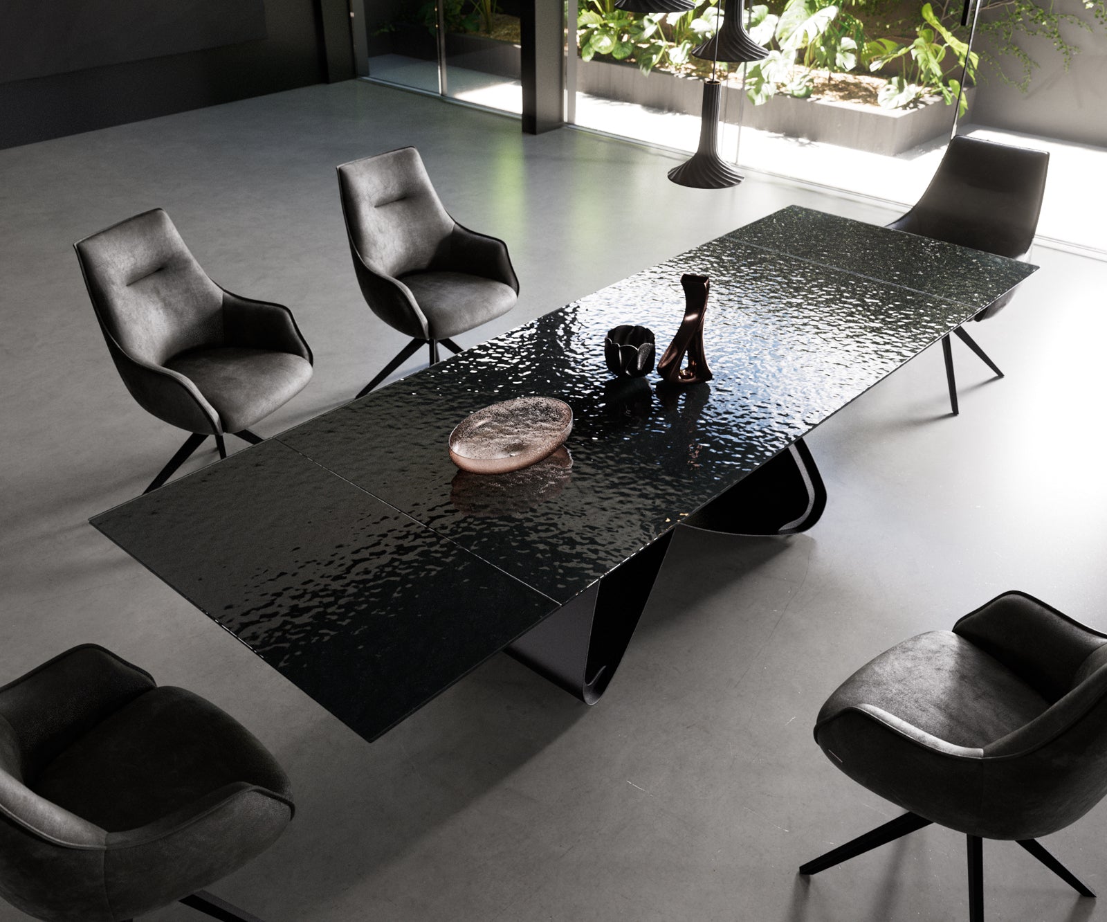 Dining Table Aurora Extendable 200-300cm Glass Relief W Frame Black