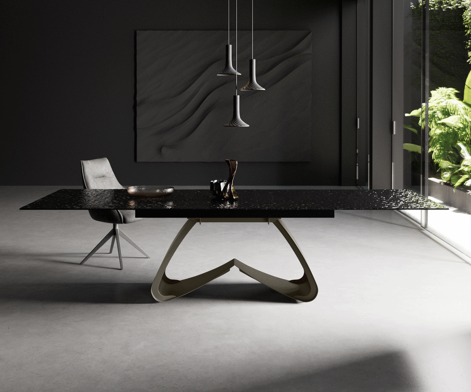 Dining Table Aurora Extendable 200-300cm Glass Relief W Frame Titanium