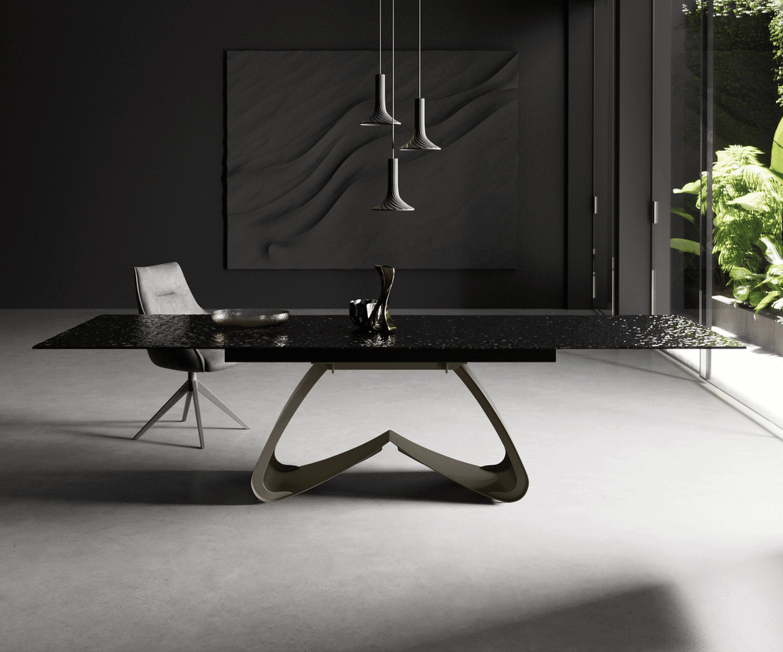 Extendable Dining Table Aurora 200-300cm Glass Relief W-Frame Titanium