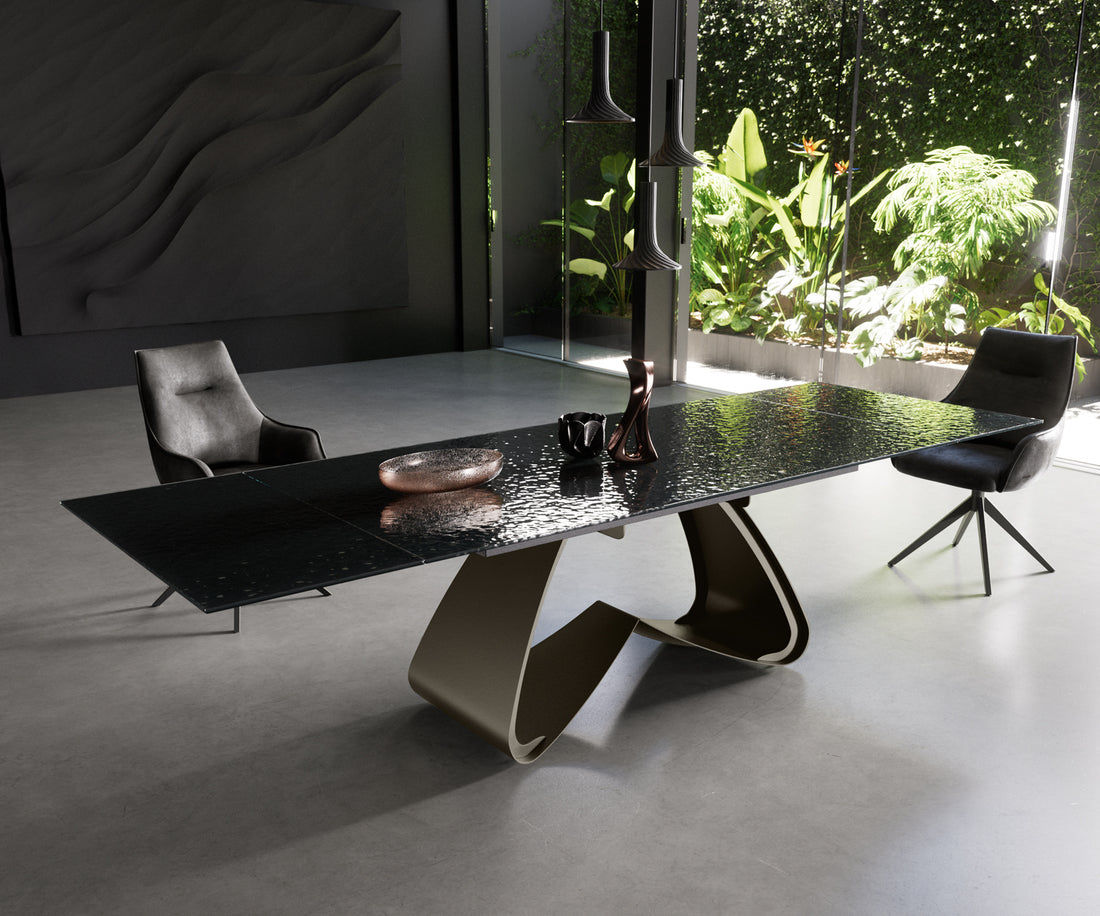 Dining Table Aurora Extendable Ceramic 200-300cm Glass Relief W Frame Titanium