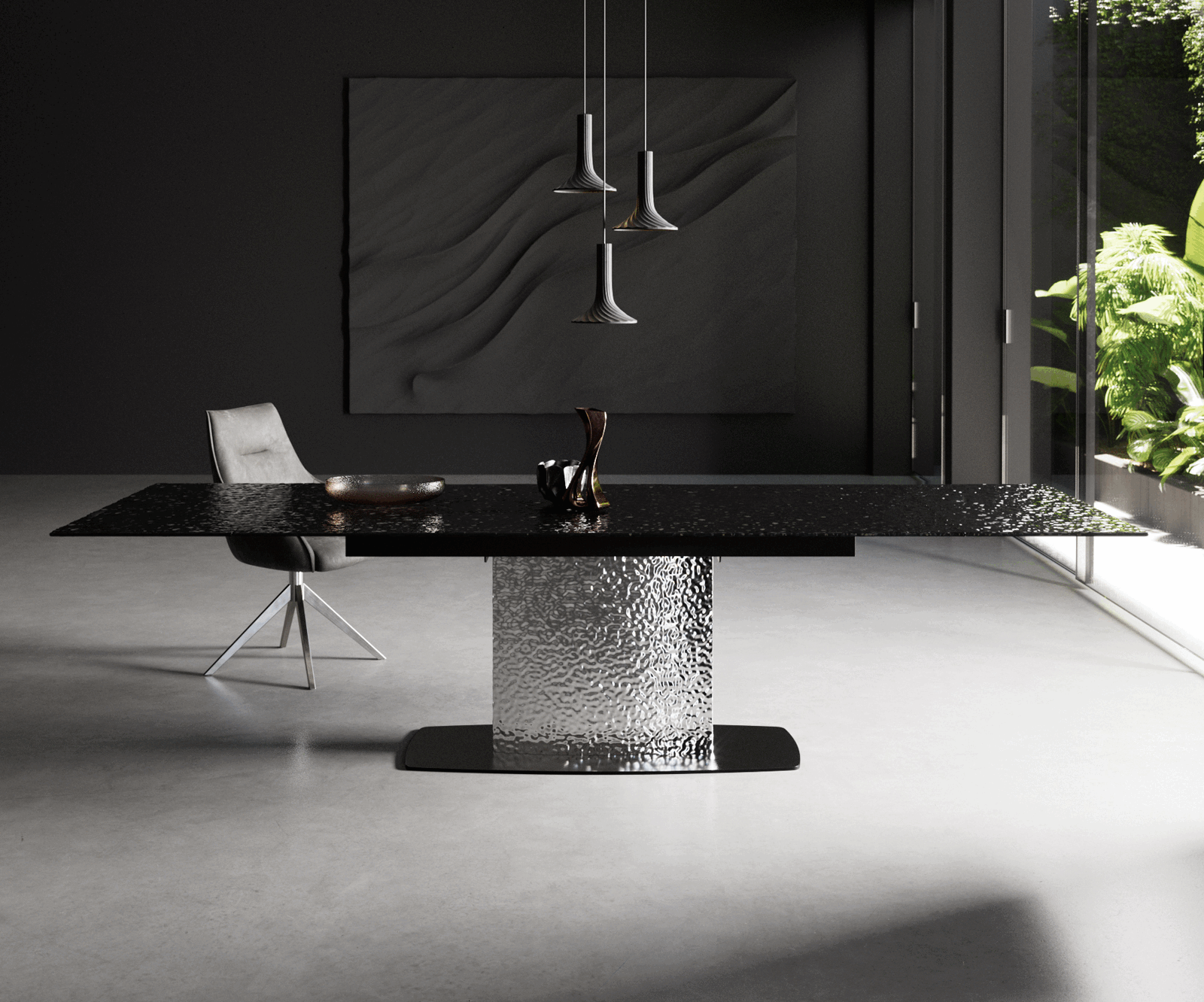 Dining Table Aurora Extendable 200-300cm Glass Relief Wave Frame Steel