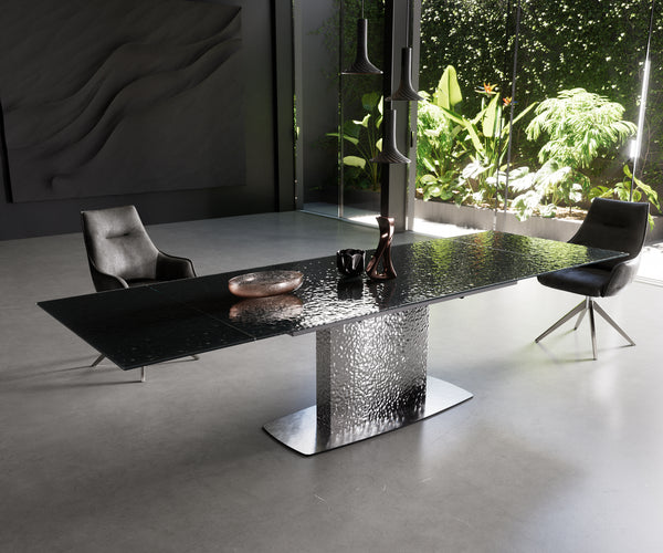 Dining Table Aurora Extendable Ceramic 200-300cm Glass Relief Wave Frame Steel