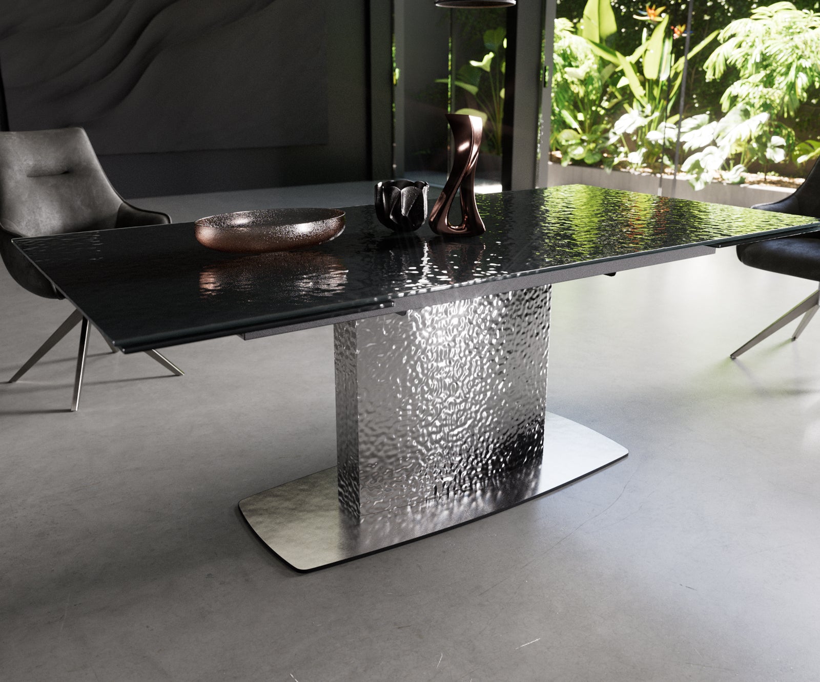 Dining Table Aurora Extendable 200-300cm Glass Relief Wave Frame Steel