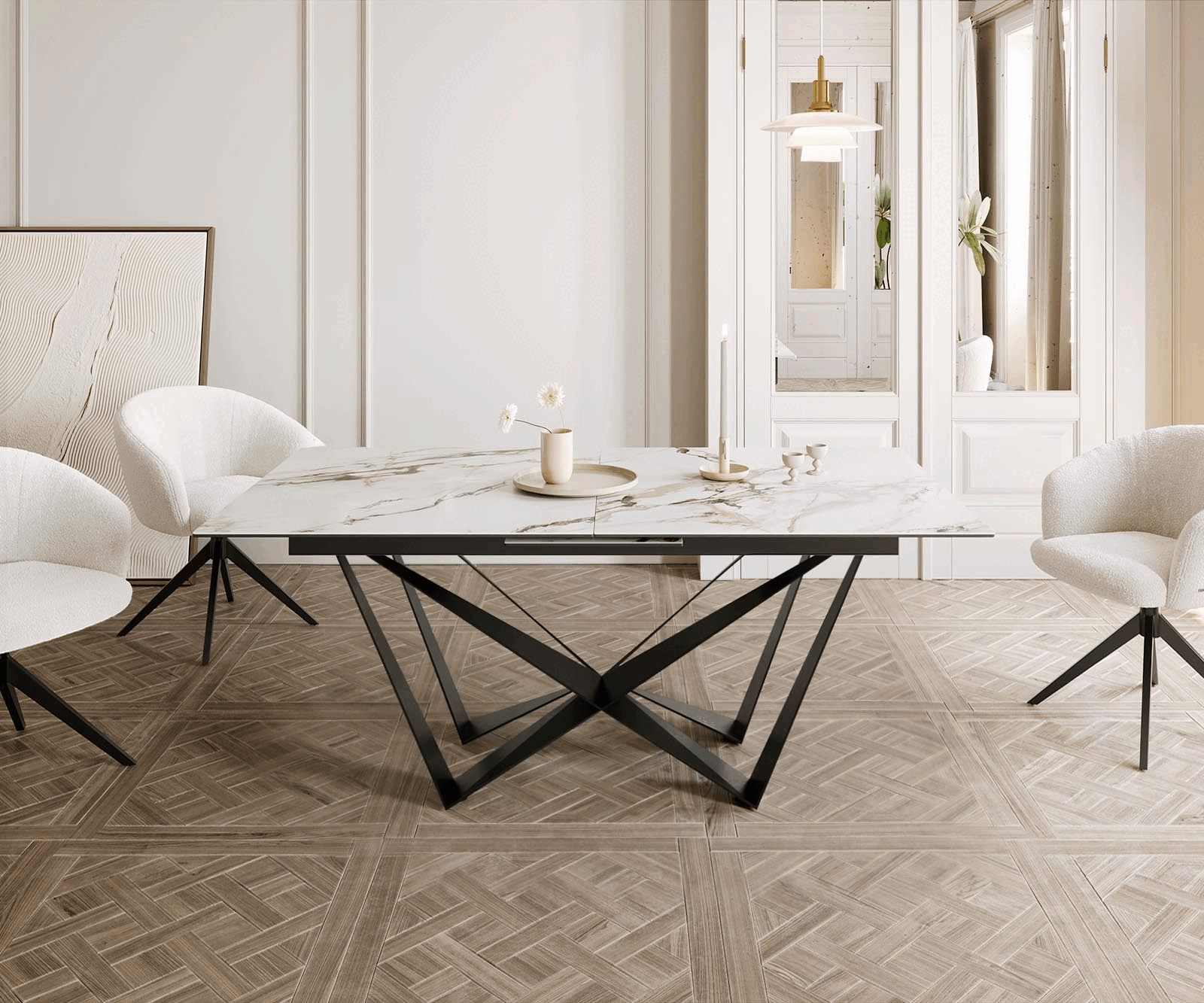 Dining Table Aurora 180-220x100cm Ceramic Gold Spider Frame Black