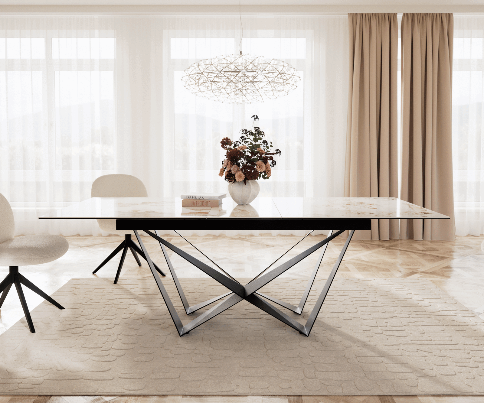 Dining Table Aurora 180-220x100cm Ceramic Beige Spider Frame Black