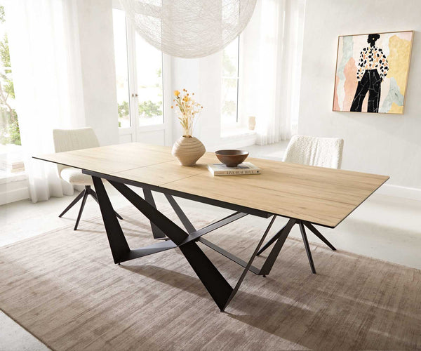 Dining Table Aurora 180-220x100cm Ceramic Oak-Look Spider Frame Black