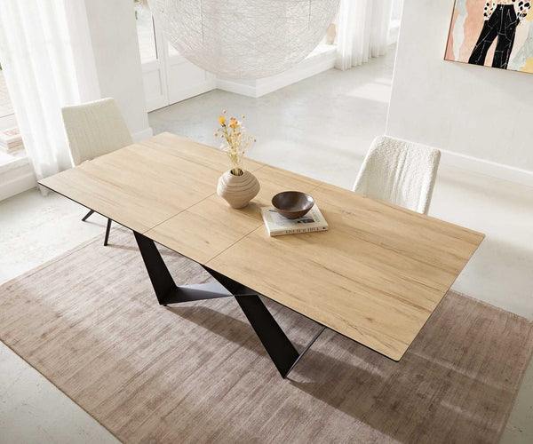 Dining Table Aurora 180-220x100cm Ceramic Oak-Look Spider Frame Black
