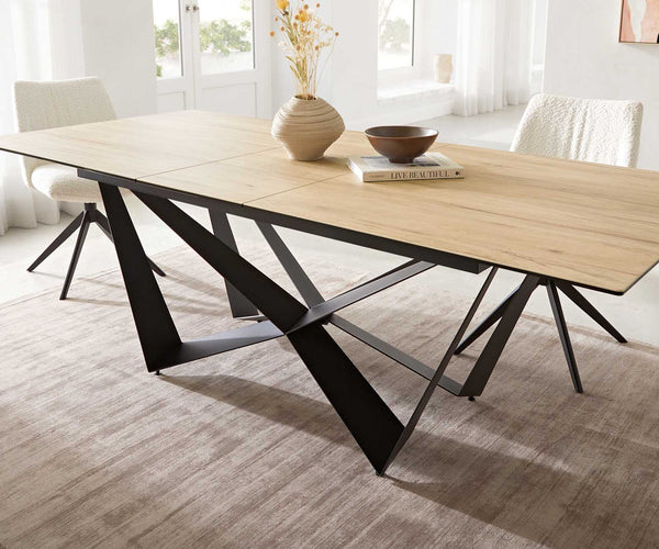 Dining Table Aurora 180-220x100cm Ceramic Oak-Look Spider Frame Black