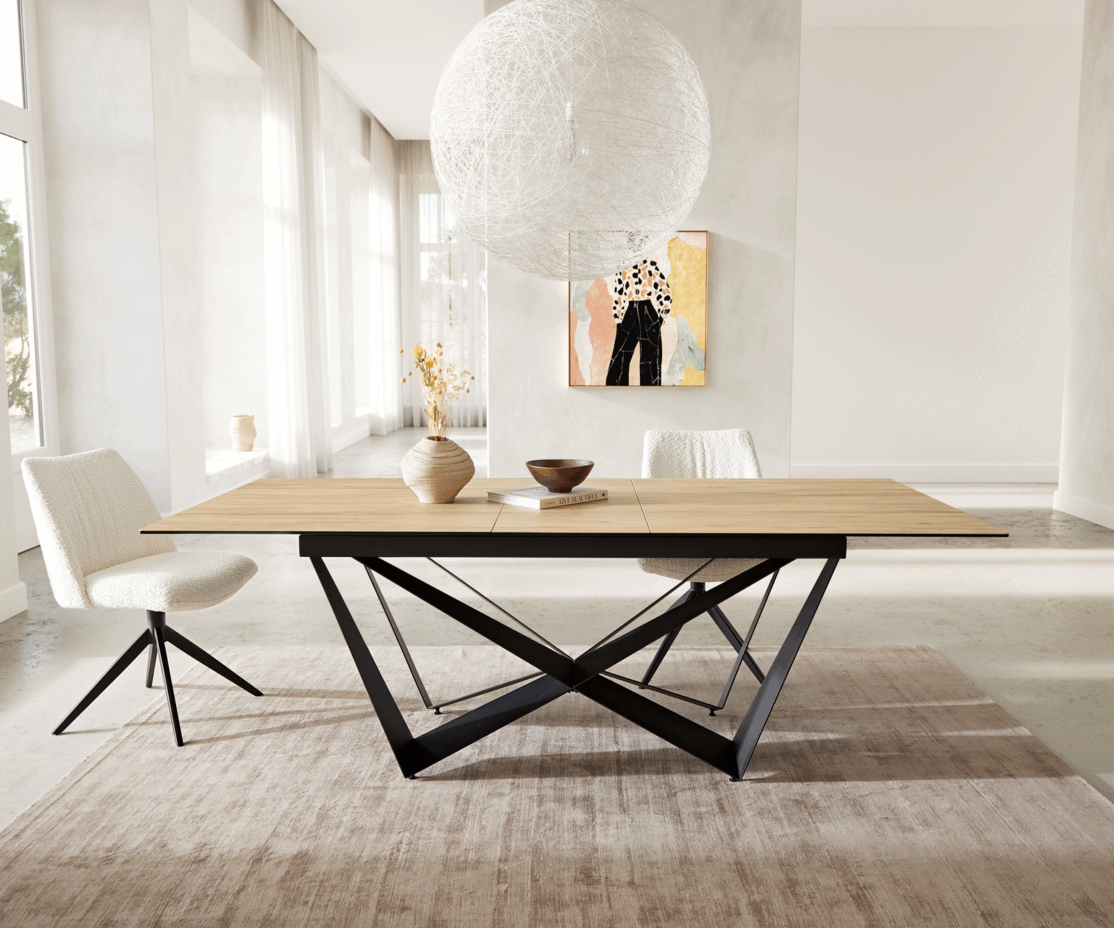 Dining Table Aurora 180-220x100cm Ceramic Oak-Look Spider Frame Black