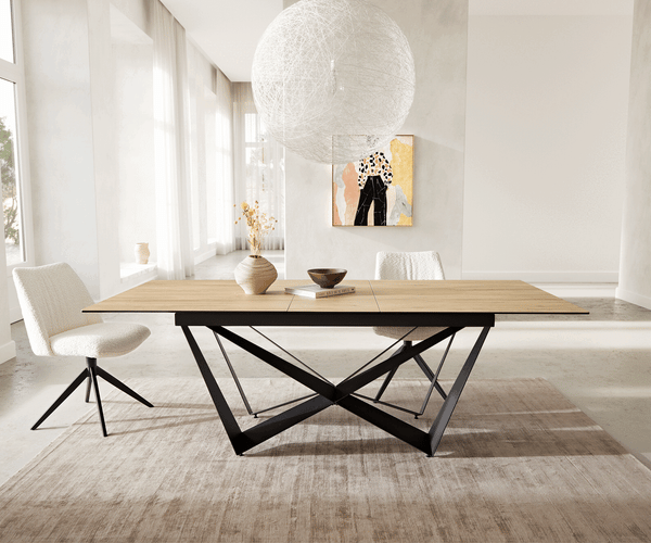 Dining Table Aurora 180-220x100cm Ceramic Oak-Look Spider Frame Black
