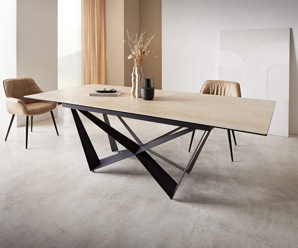 Dining Table Aurora 180-220x100cm Ceramic Travertine Spider Frame Black