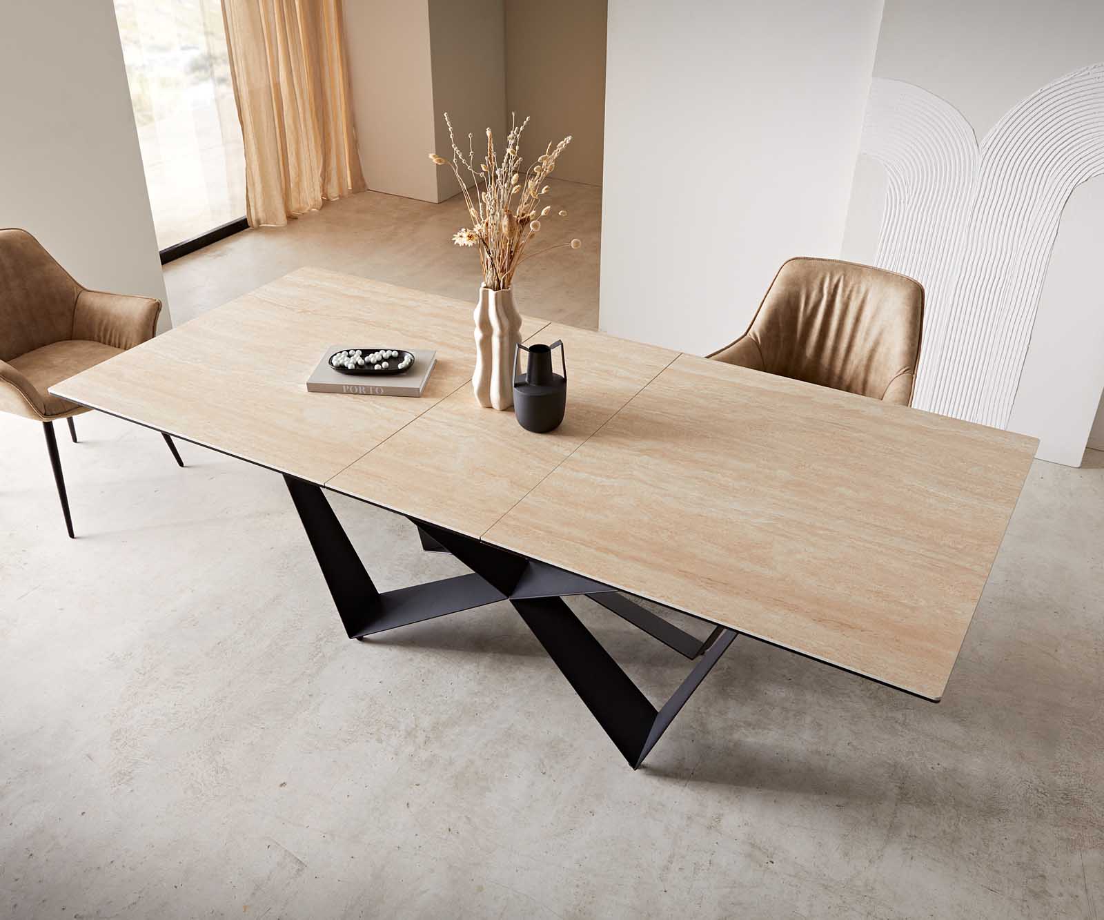 Dining Table Aurora 180-220x100cm Ceramic Travertine Spider Frame Black