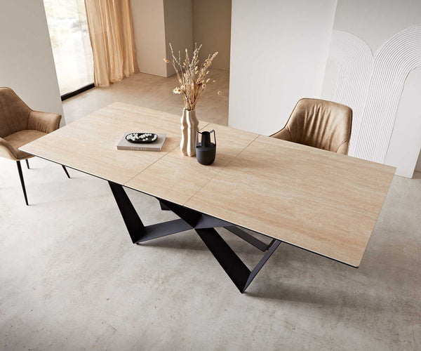 Dining Table Aurora 180-220x100cm Ceramic Travertine Spider Frame Black