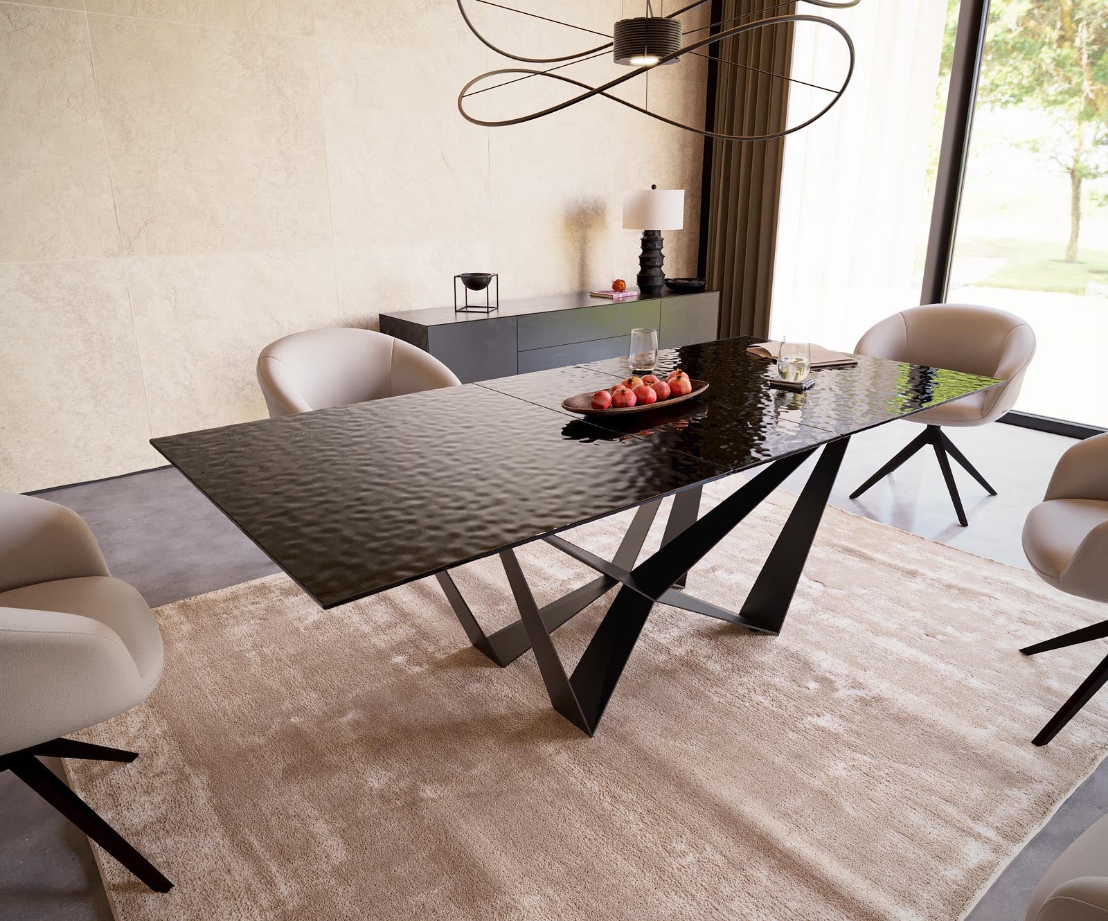 Dining Table Aurora 180-220x100cm Glass Black Spider Frame Black