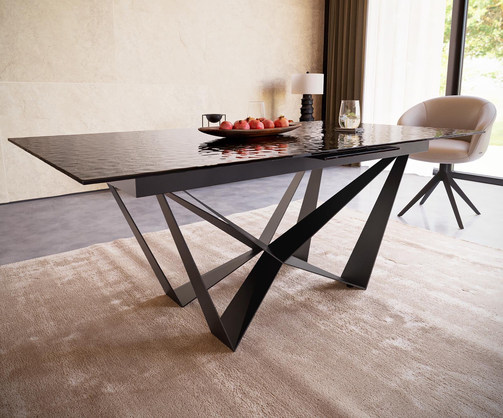 Dining Table Aurora 180-220x100cm Glass Black Spider Frame Black