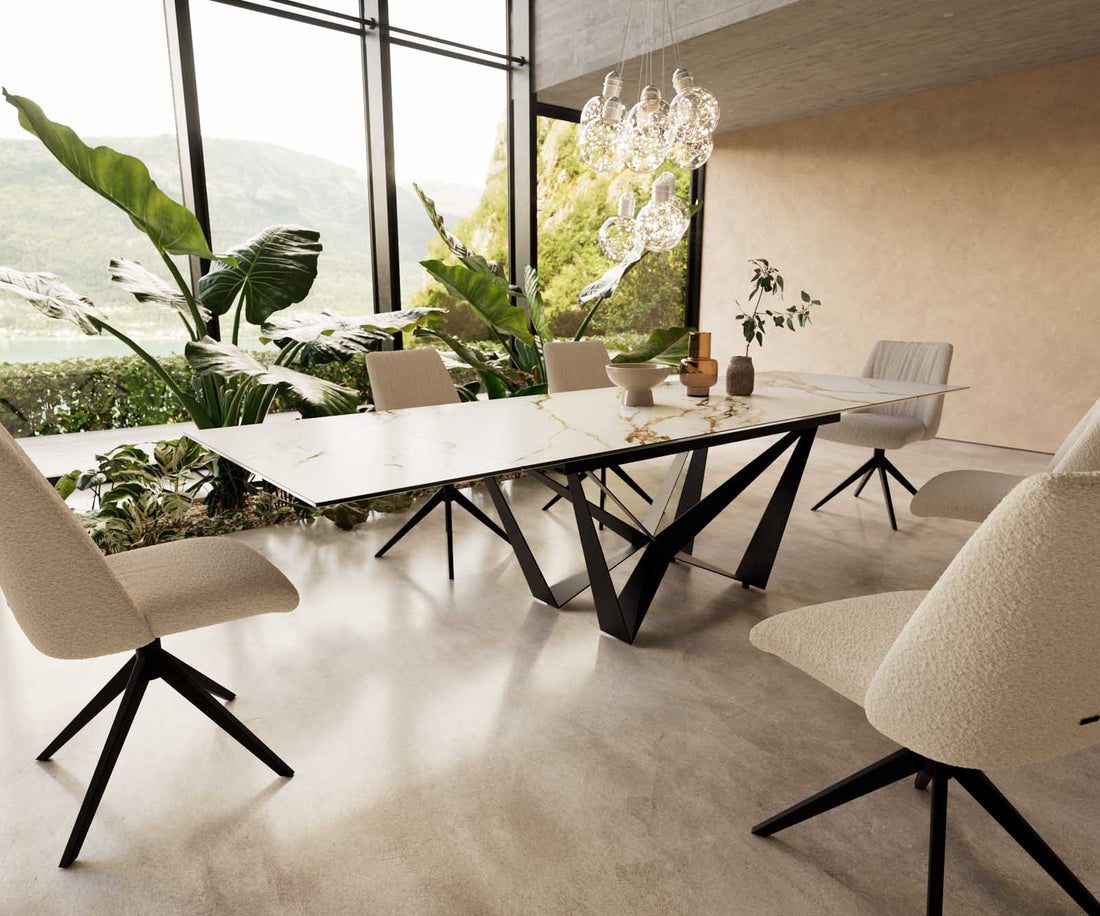 Extendable Dining Table Aurora 200-300x100cm Ceramic Calacatta Luxe Gold Spider Frame Black