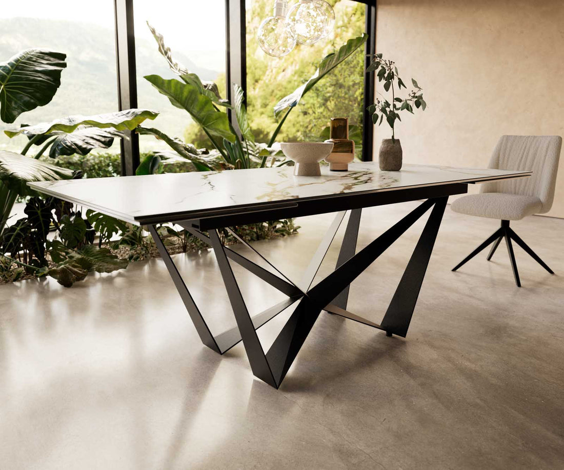 Extendable Dining Table Aurora 200-300x100cm Ceramic Calacatta Luxe Gold Spider Frame Black