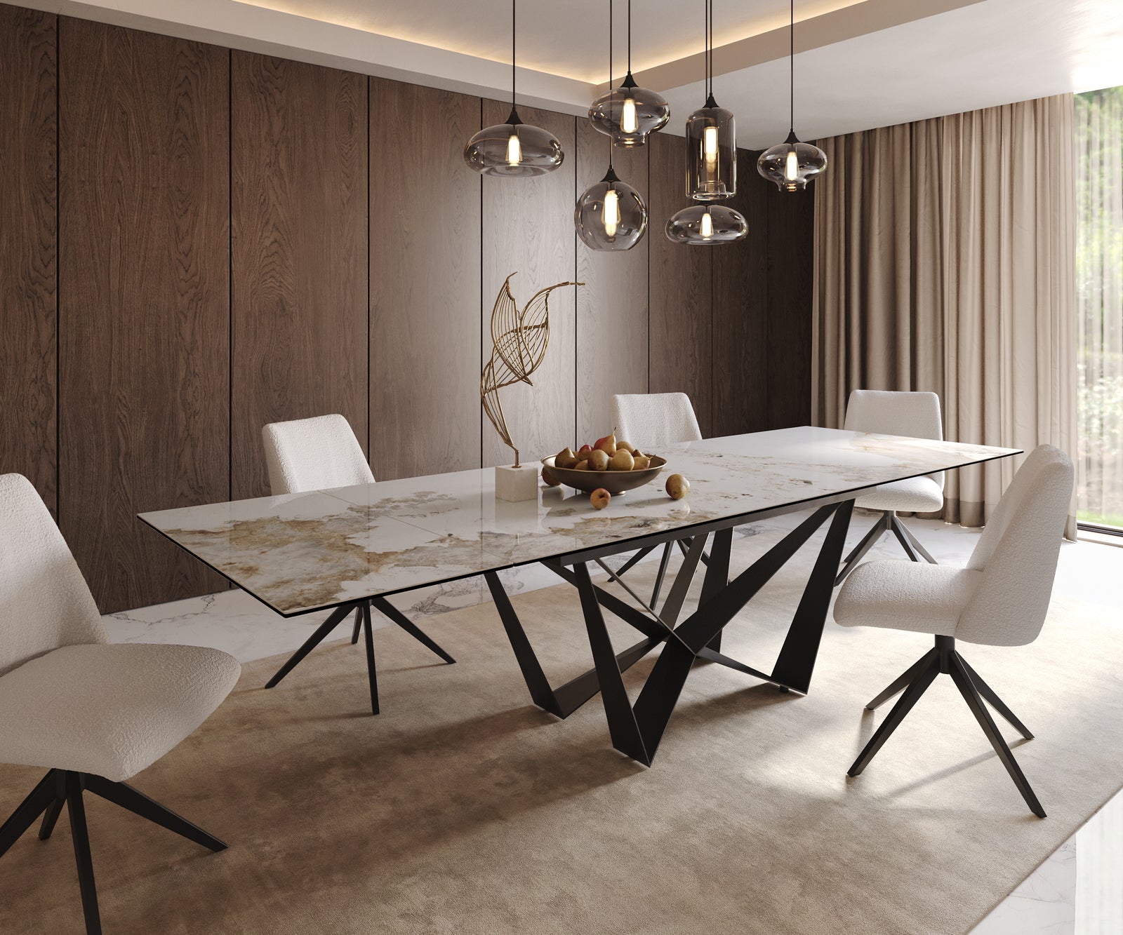 Dining Table Aurora 200-300x100cm Ceramic Beige Spider Frame Black