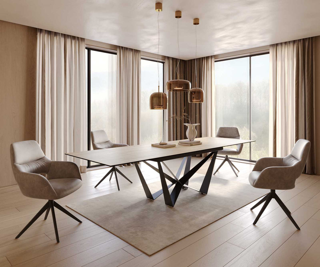 Extendable Dining Table Aurora 200-300x100cm Ceramic Sabbia Oak-Look Spider Frame Black