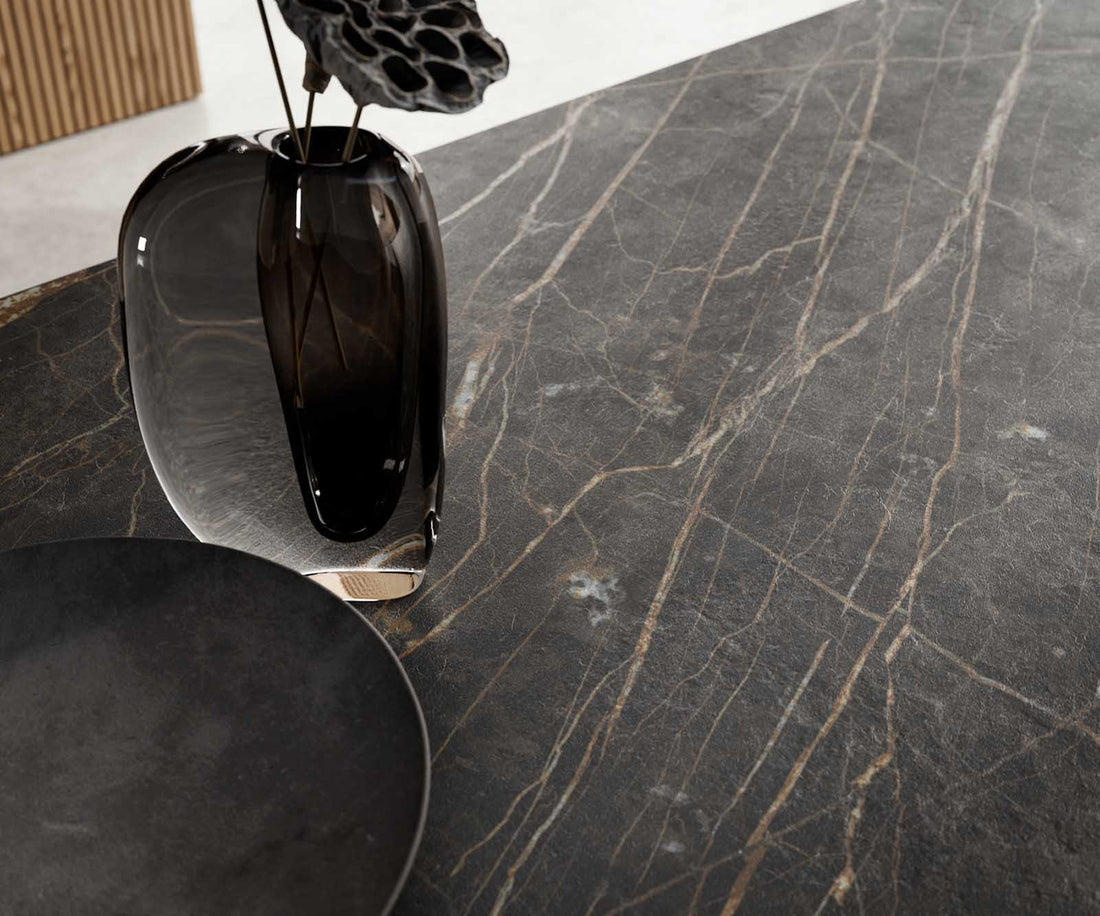Extendable Dining Table Aurora 200-300x100cm Ceramic Noir Desir Brown Spider Frame Black