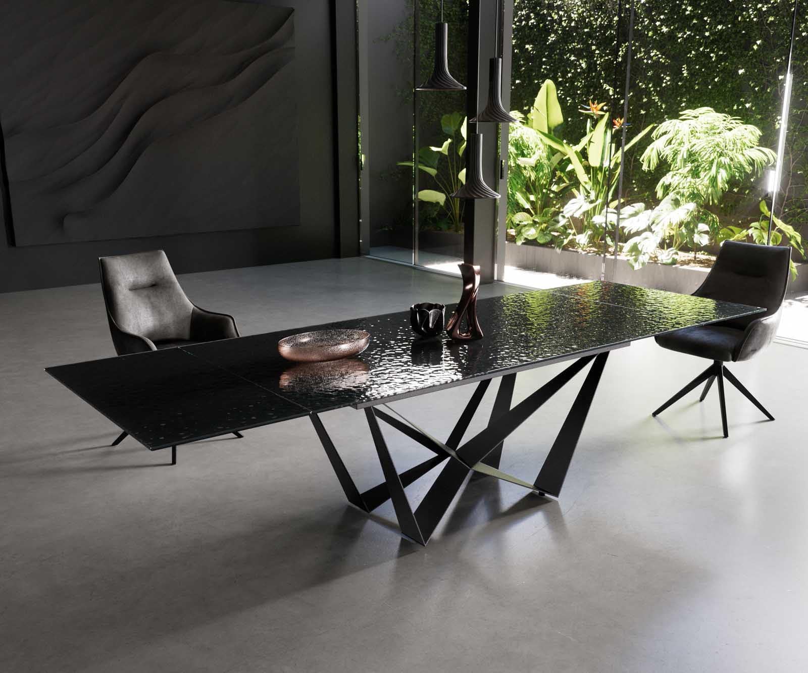 Dining Table Aurora 200-300x100cm Glass Black Spider Frame Black