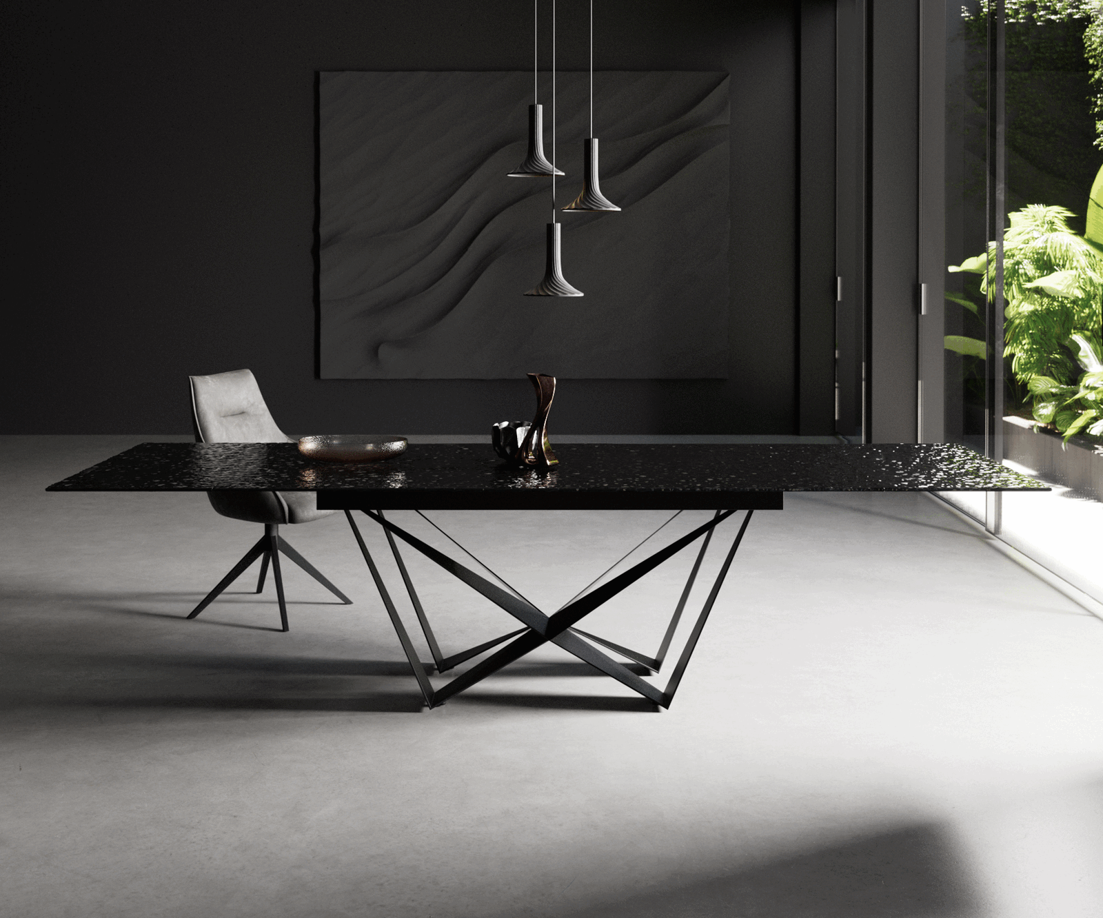 Dining Table Aurora 200-300x100cm Glass Black Spider Frame Black
