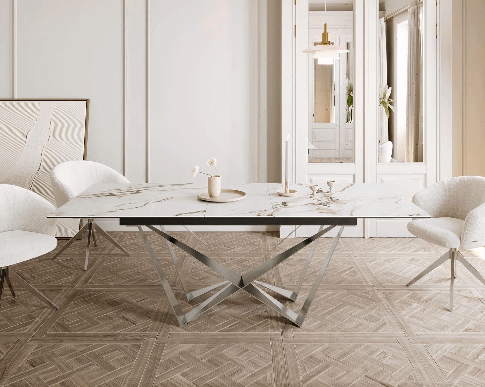Dining Table Aurora 180-220x100cm Ceramic Gold Spider Frame Silver