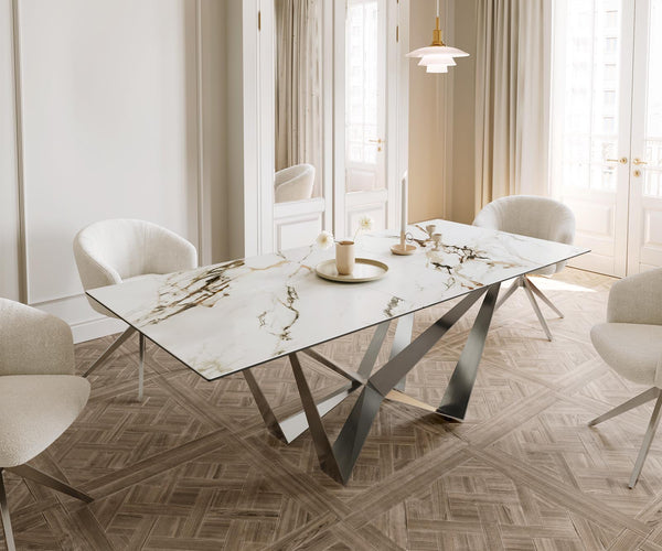 Dining Table Aurora 180-220x100cm Ceramic Gold Spider Frame Silver
