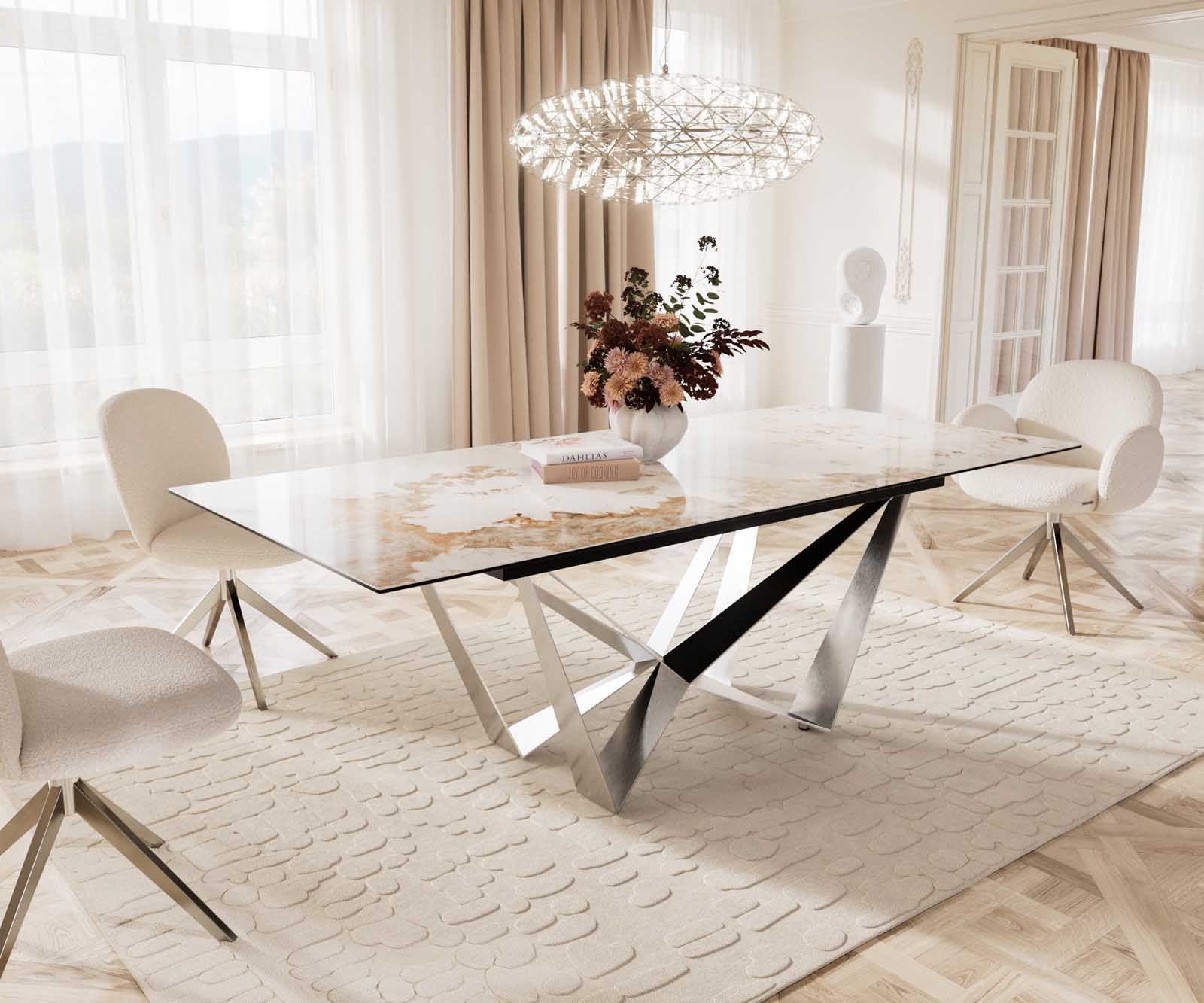 Dining Table Aurora 180-220x100cm Ceramic Beige Spider Frame Silver