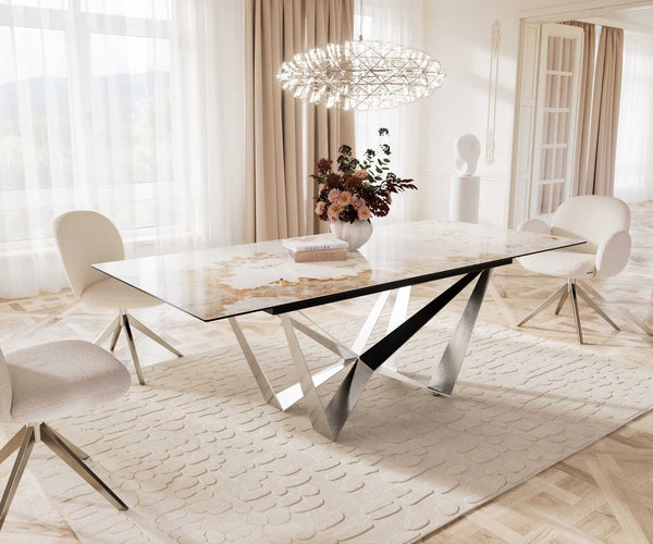 Dining Table Aurora 180-220x100cm Ceramic Beige Spider Frame Silver