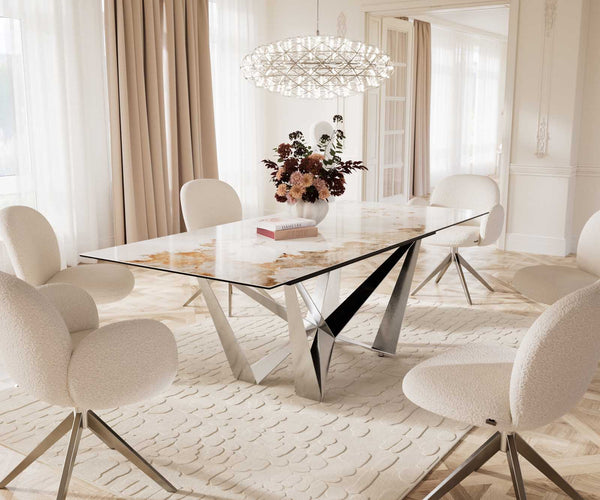 Dining Table Aurora 180-220x100cm Ceramic Beige Spider Frame Silver