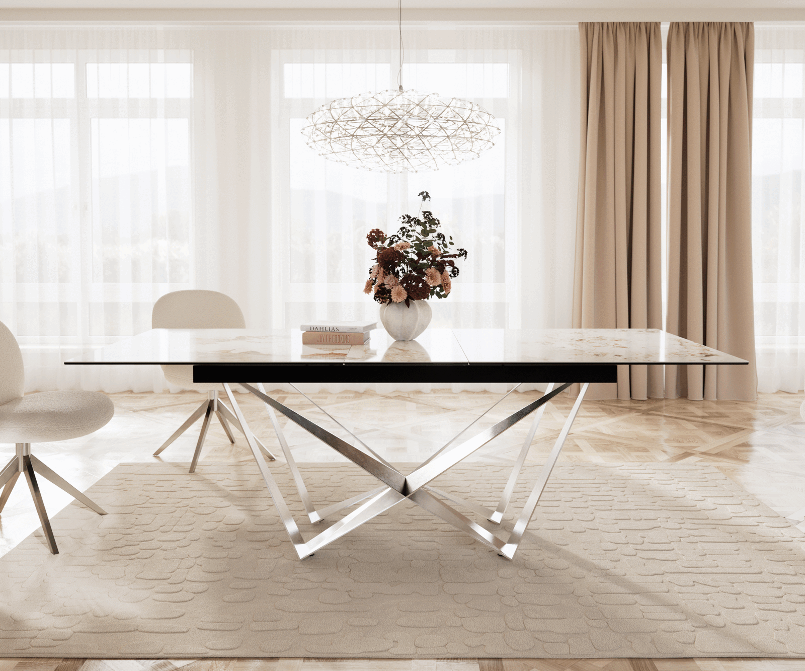 Dining Table Aurora 180-220x100cm Ceramic Beige Spider Frame Silver