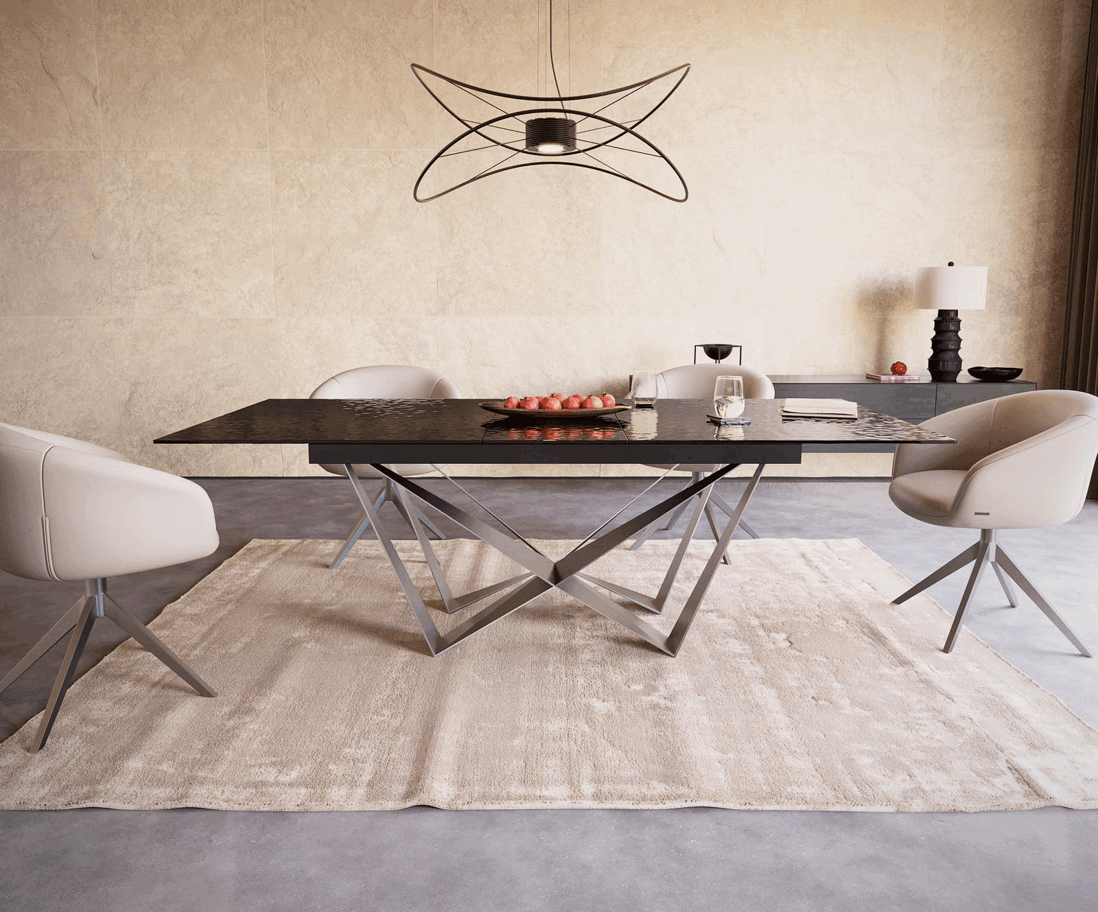 Dining Table Aurora 180-220x100cm Glass Black Spider Frame Silver