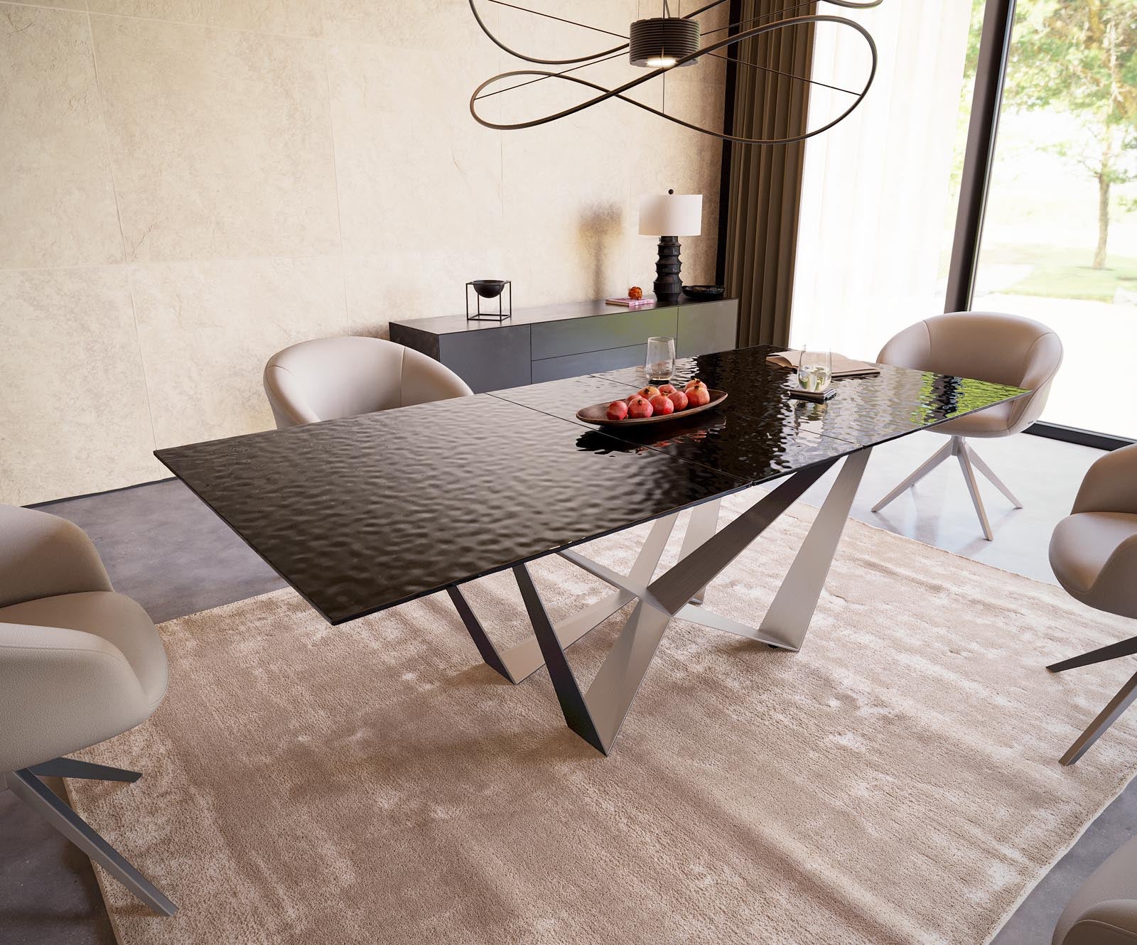 Dining Table Aurora 180-220x100cm Glass Black Spider Frame Silver