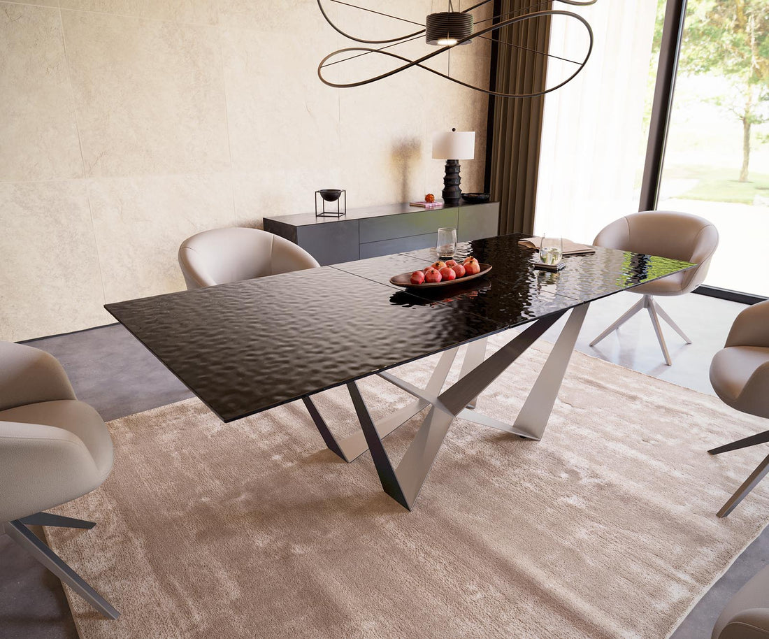 Extendable Dining Table Aurora 180-220x100cm Glass Black Spider Frame Silver