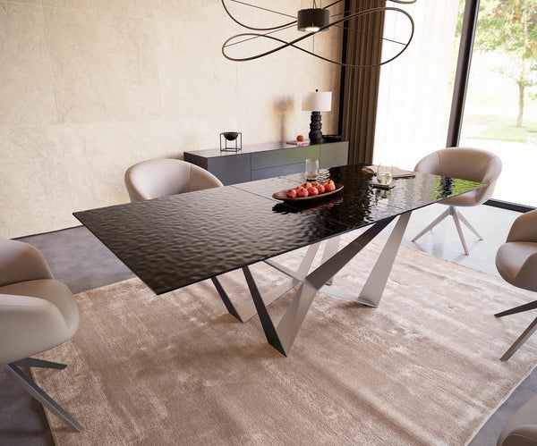 Dining Table Aurora 180-220x100cm Glass Black Spider Frame Silver