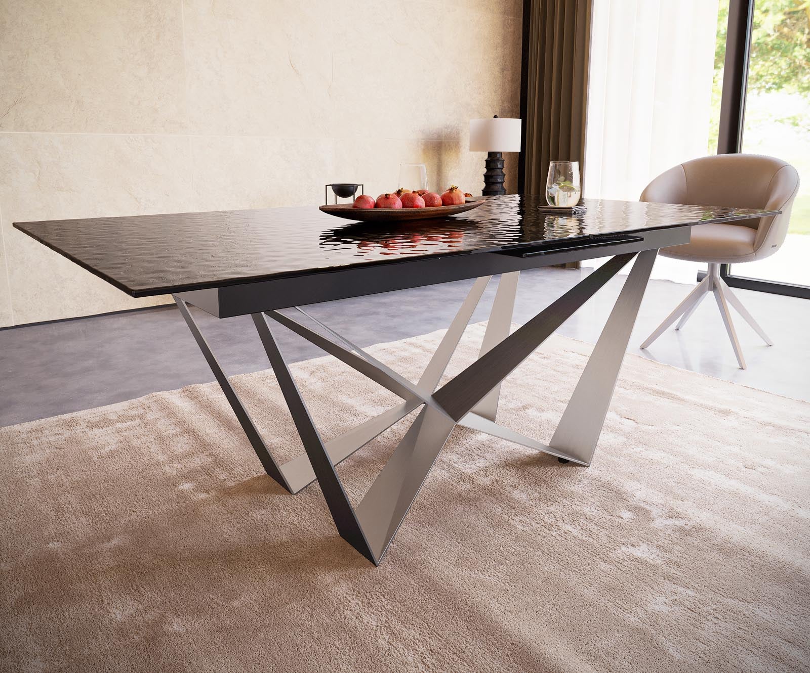 Dining Table Aurora 180-220x100cm Glass Black Spider Frame Silver