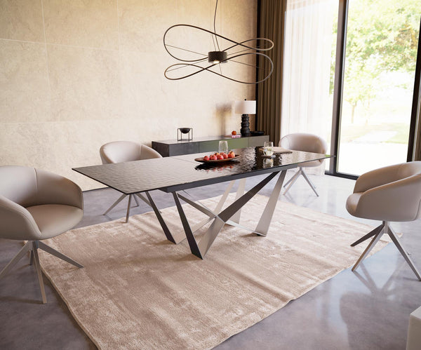 Dining Table Aurora 180-220x100cm Glass Black Spider Frame Silver
