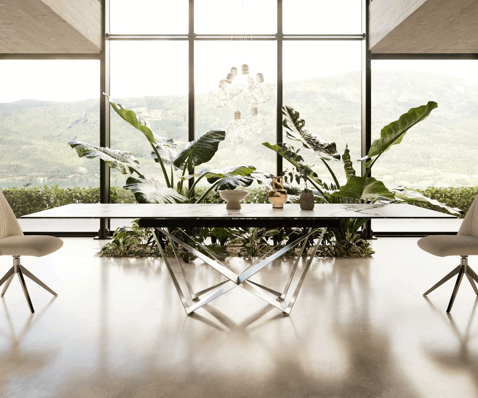 Dining Table Aurora 200-300x100cm Ceramic Gold Spider Frame Silver