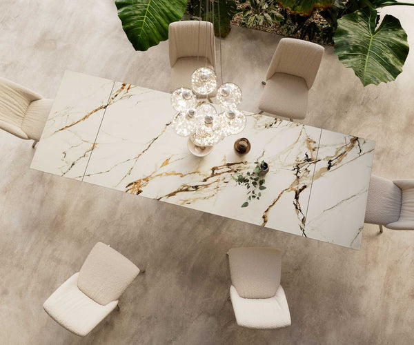 Dining Table Aurora 200-300x100cm Ceramic Gold Spider Frame Silver
