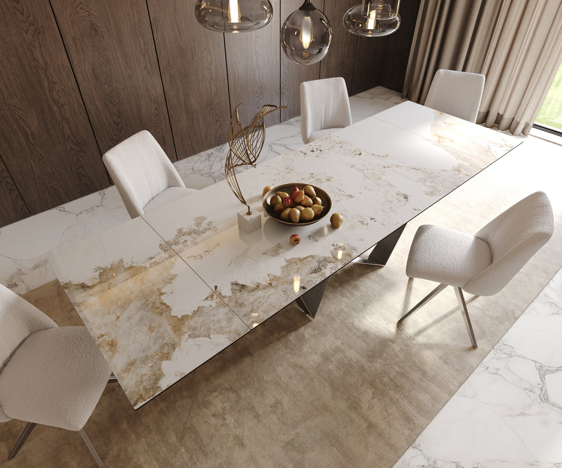 Extendable Dining Table Aurora 200-300x100cm Ceramic Minas Melange Beige Spider Frame Silver
