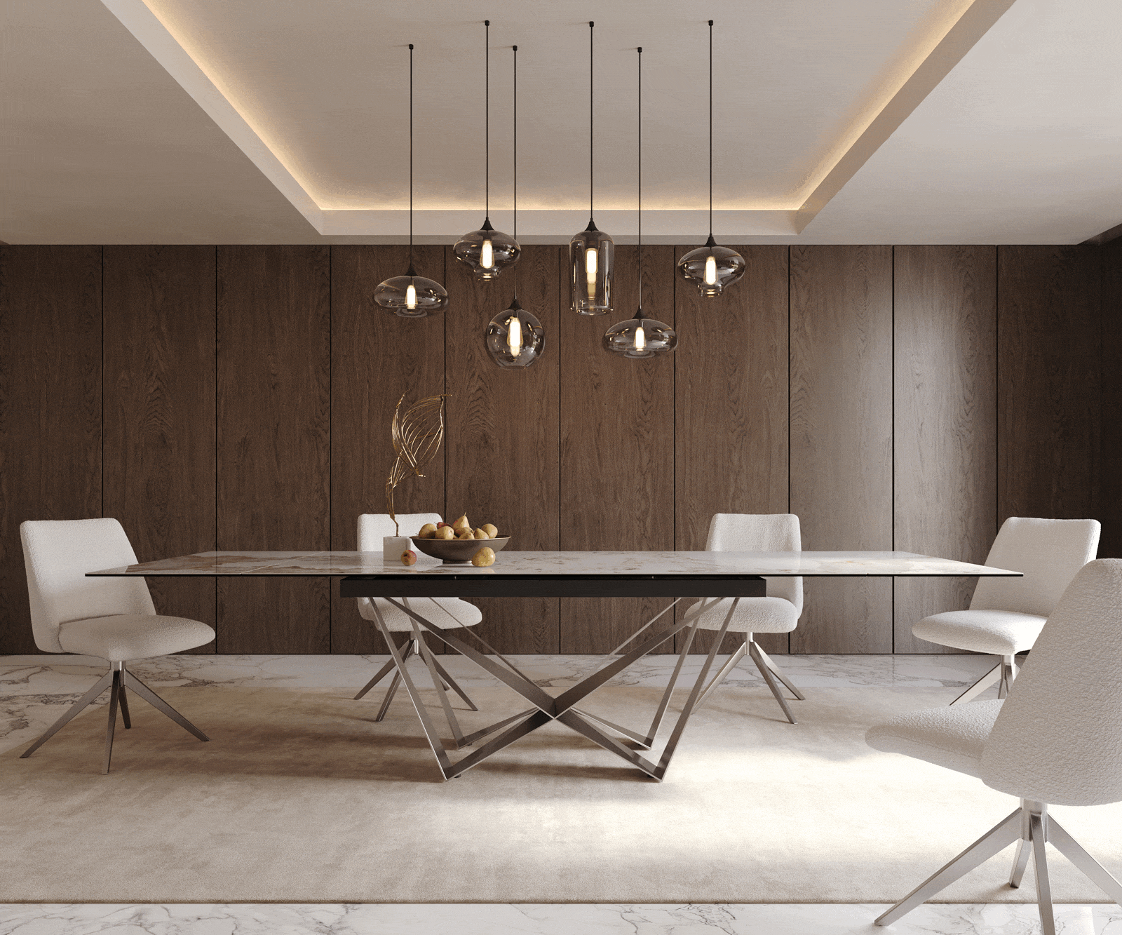 Dining Table Aurora 200-300x100cm Ceramic Beige Spider Frame Silver