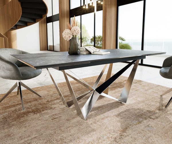 Dining Table Aurora 200-300x100cm Ceramic Anthracite Spider Frame Silver