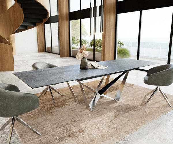 Dining Table Aurora 200-300x100cm Ceramic Anthracite Spider Frame Silver