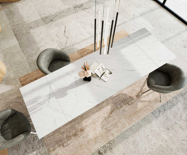 Extendable Dining Table Aurora 200-300x100cm Ceramic Statuarietto White Spider Frame Silver