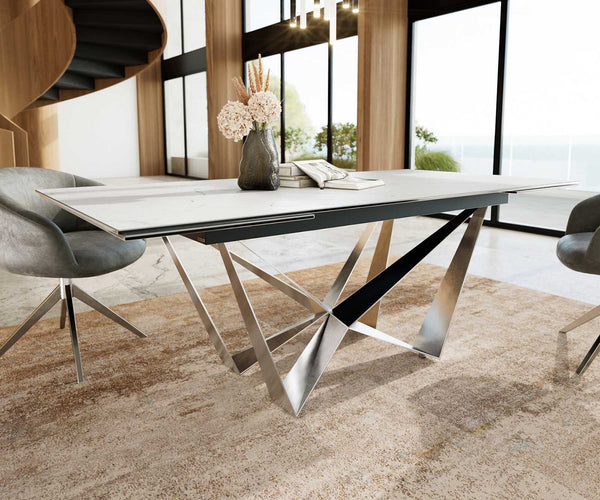 Extendable Dining Table Aurora 200-300x100cm Ceramic Statuarietto White Spider Frame Silver