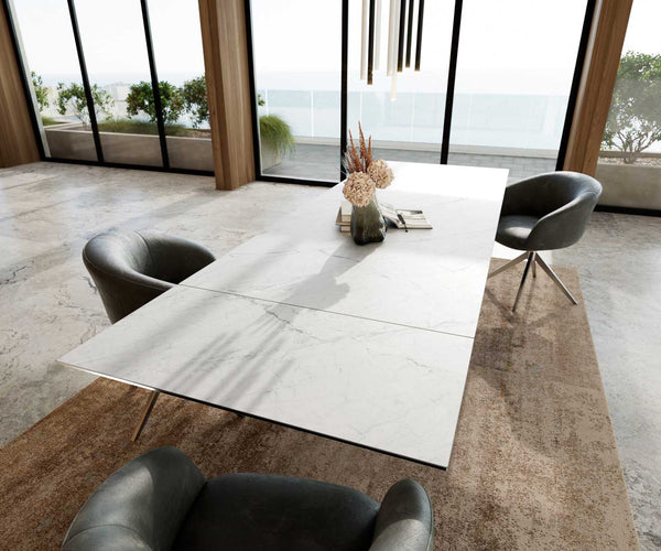 Extendable Dining Table Aurora 200-300x100cm Ceramic Statuarietto White Spider Frame Silver