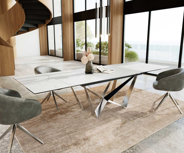 Dining Table Aurora 200-300x100cm Ceramic White Spider Frame Silver