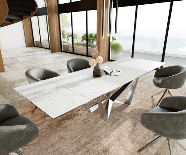 Dining Table Aurora 200-300x100cm Ceramic White Spider Frame Silver