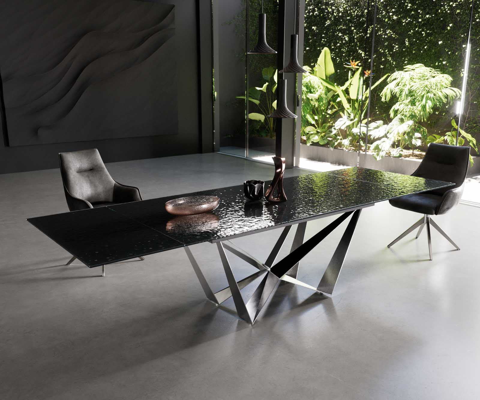 Dining Table Aurora 200-300x100cm Glass Black Spider Frame Silver